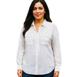 New York And Company Shirt Womens L White Polka Dot Long Sleeve Button Down Top‎